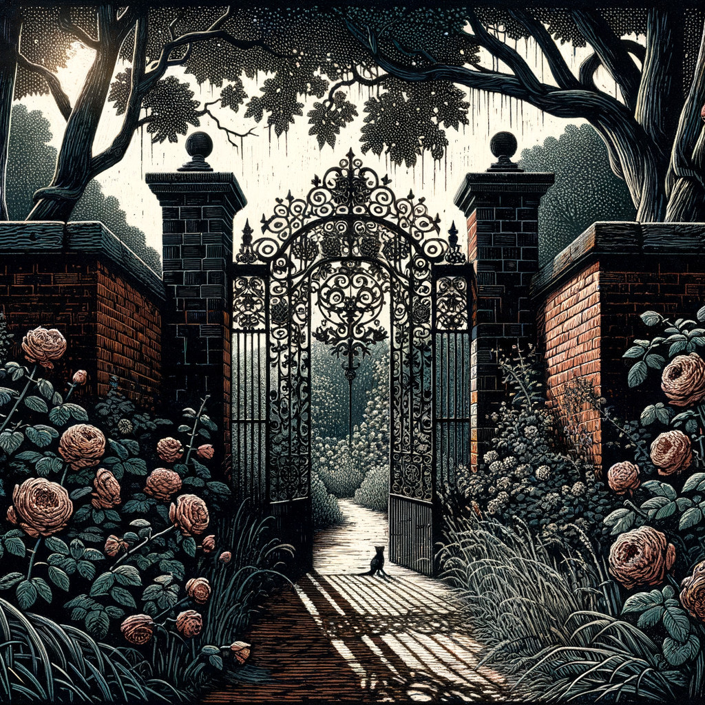 Ornate Wrought Iron Gate Surrounded by Lush Garden