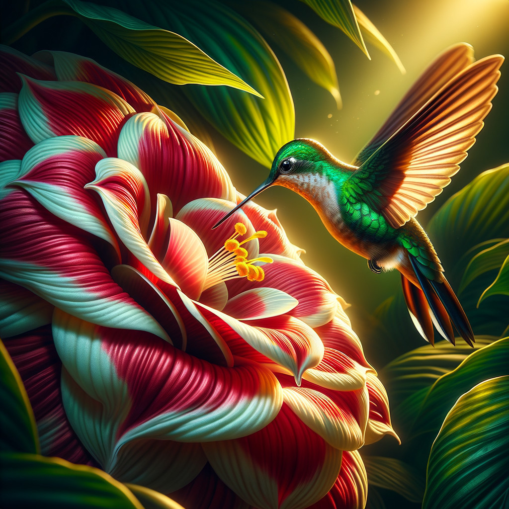 Hummingbird Near Large Red and White Flower in Light