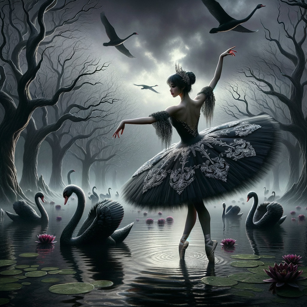 Ballerina Dances on Dark Lake in Enchanted Forest