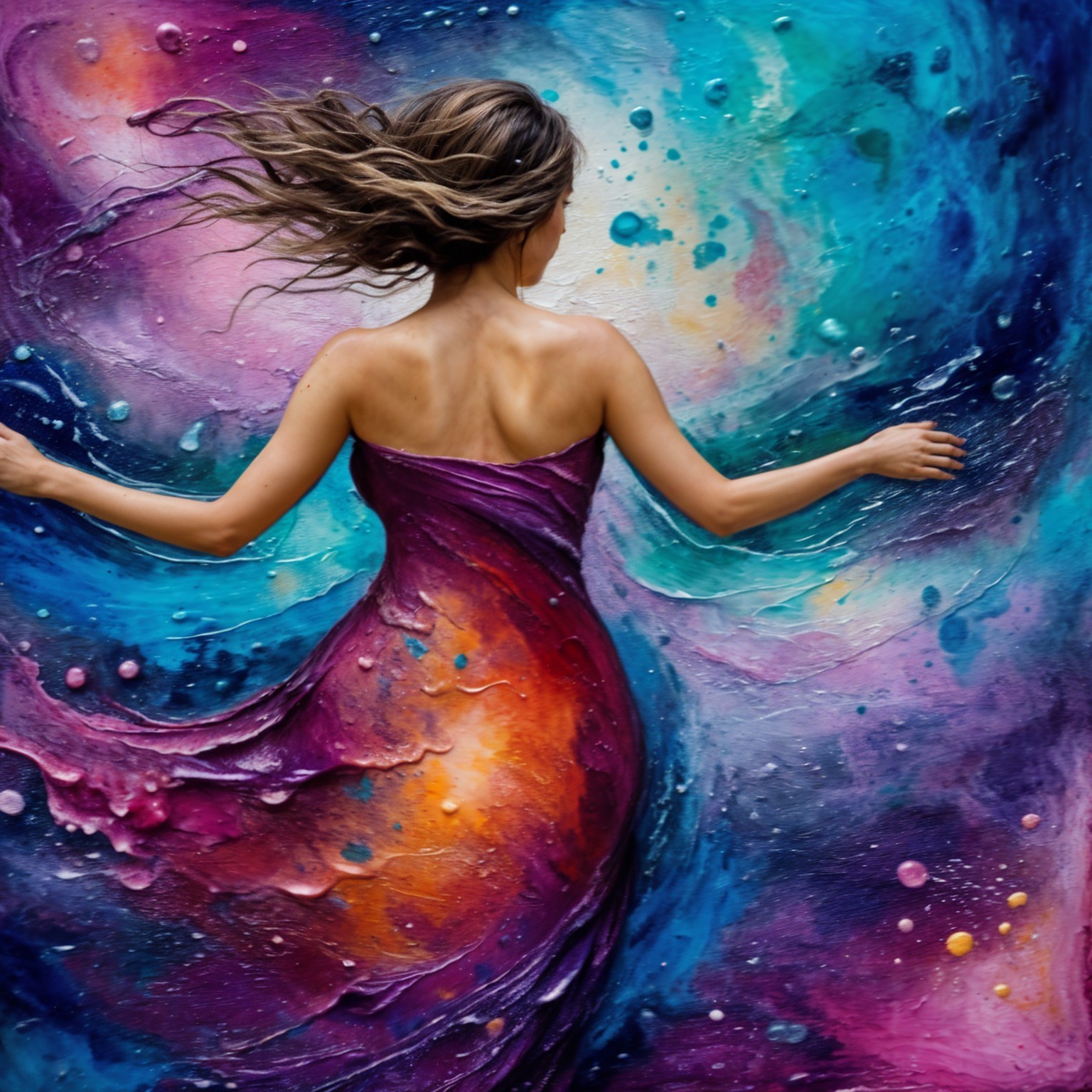Woman in a flowing dress against a cosmic background