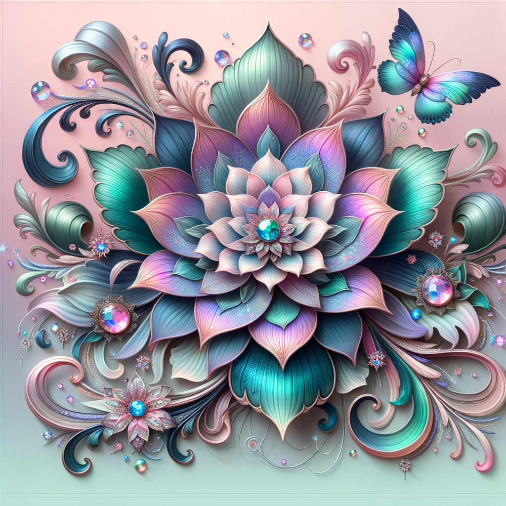 Intricate Floral Composition with Butterfly and Gems