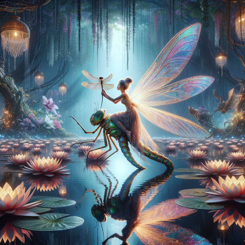 Fairy in a Glade with Vibrant Insect and Lotuses