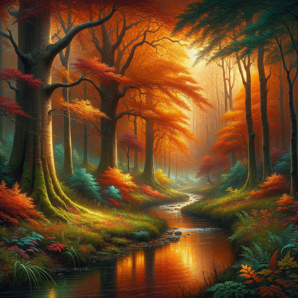 Autumn Forest Scene with Vibrant Foliage and Creek