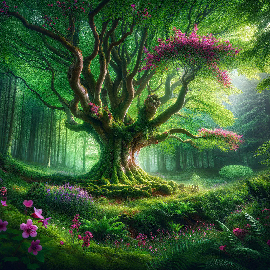 Ancient Tree with Pink Flowers in Magical Forest
