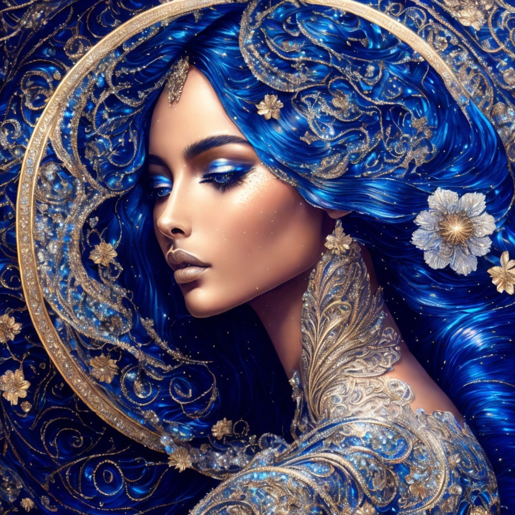 Stunning Woman with Blue Hair and Floral Accents