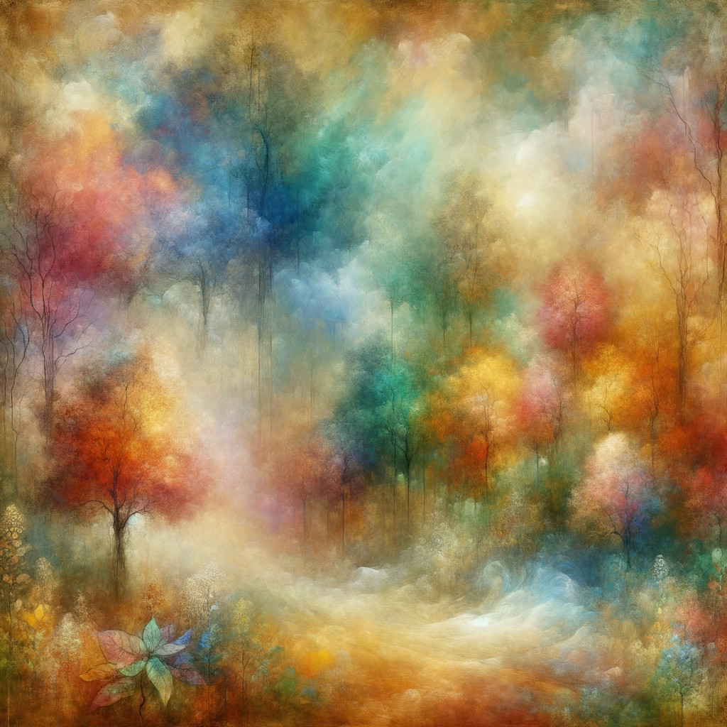 Dreamy Landscape with Vibrant Trees and Mist