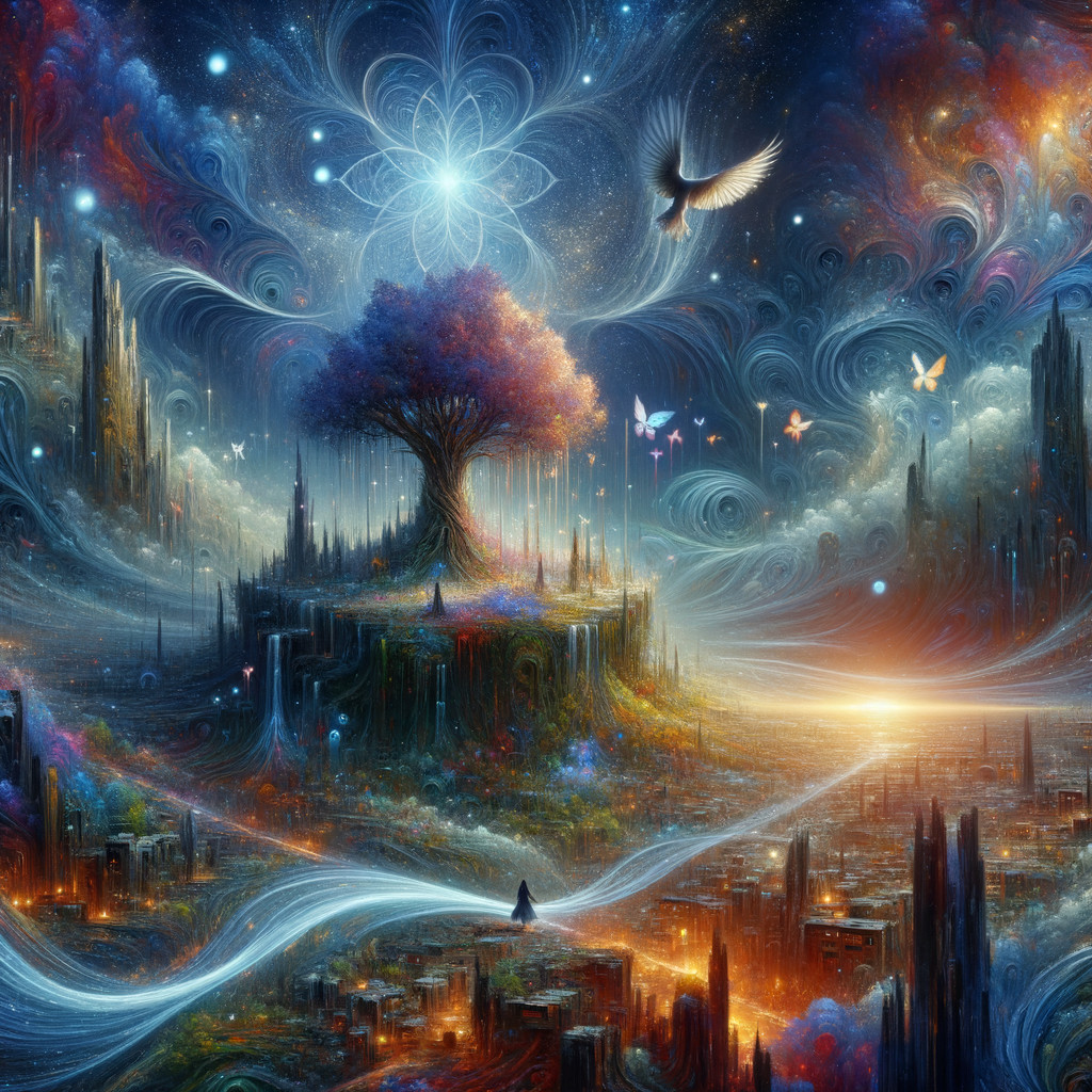 Surreal Landscape with Luminous Tree and Cityscape