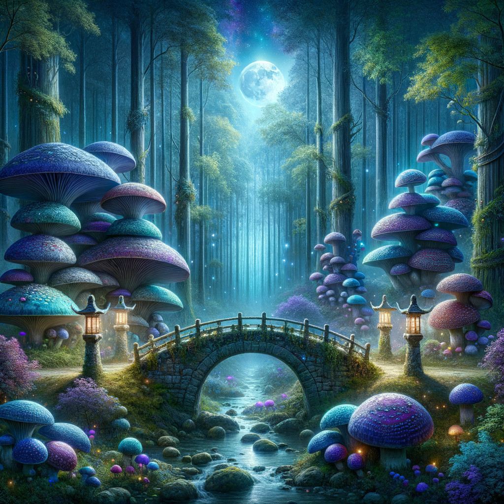 Mystical Forest with Moonlit Stream and Vibrant Mushrooms