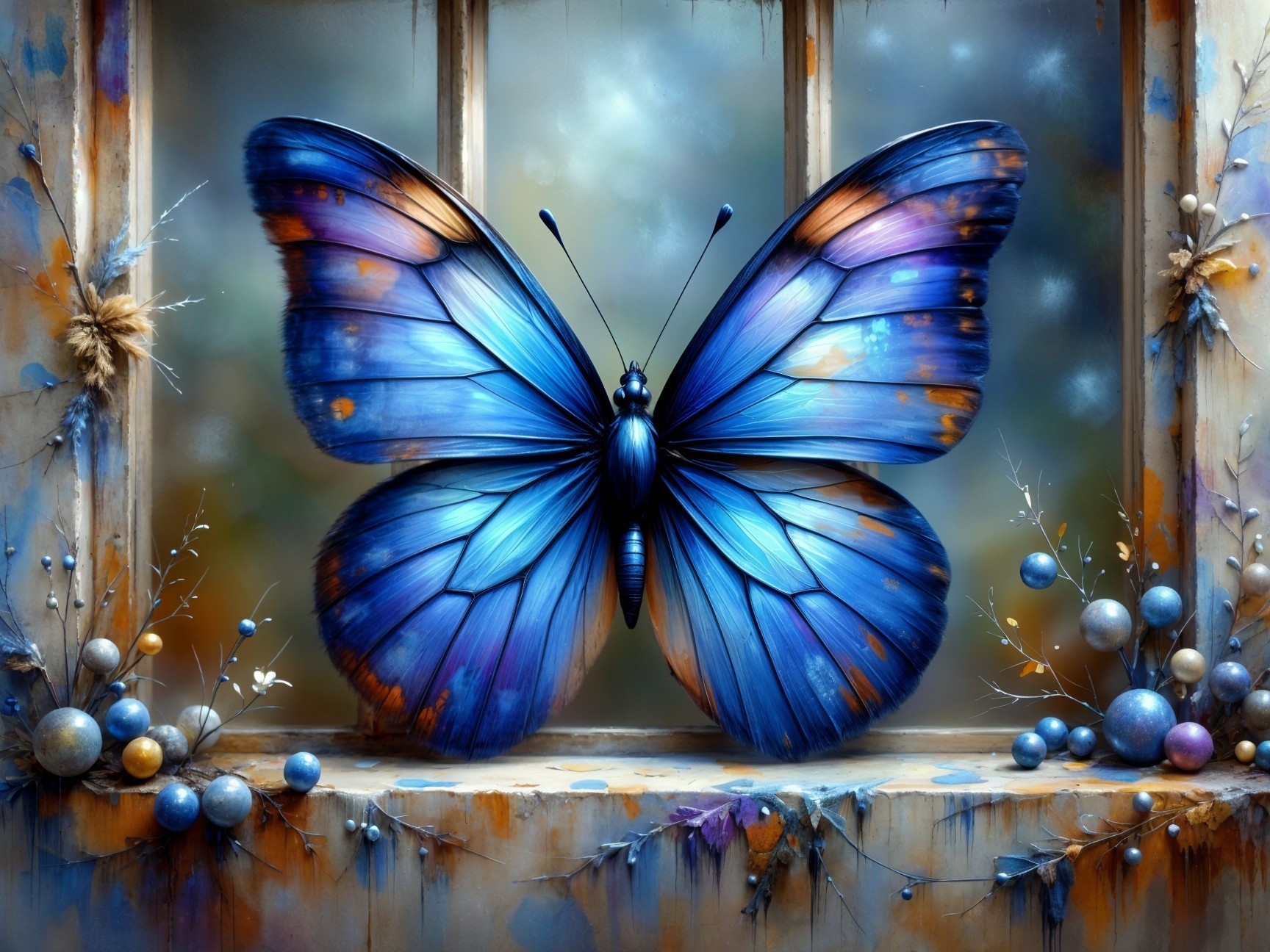 Vibrant Blue Butterfly on a Windowsill Scene