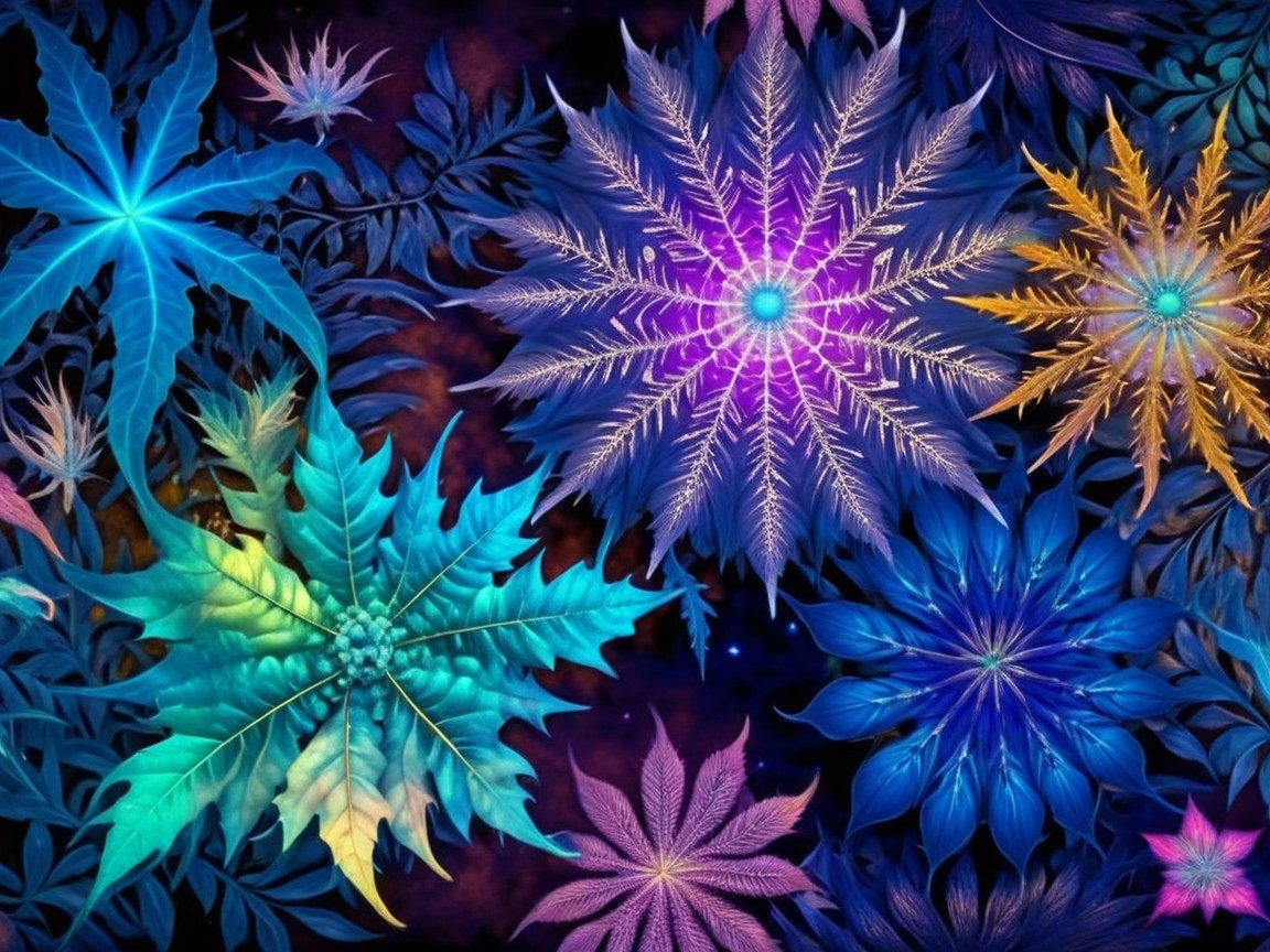 Vibrant Abstract Leaves and Flowers in Cosmic Colors