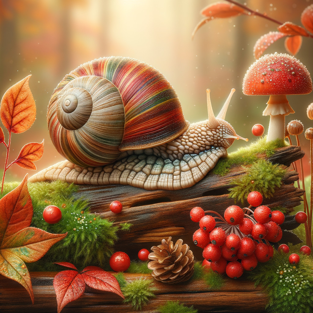 Colorful Snail on Mossy Log with Autumn Leaves