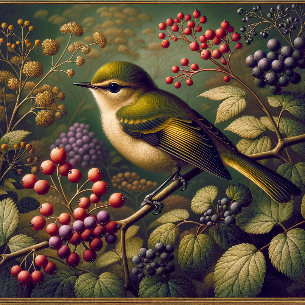 Vibrant bird on branch among lush foliage and berries