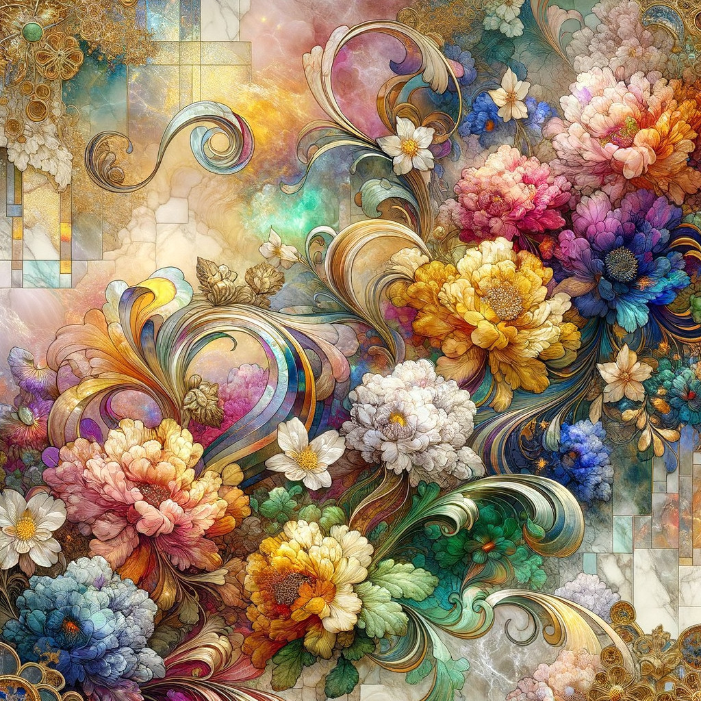 Vibrant Floral Design with Colorful Blossoms and Accents