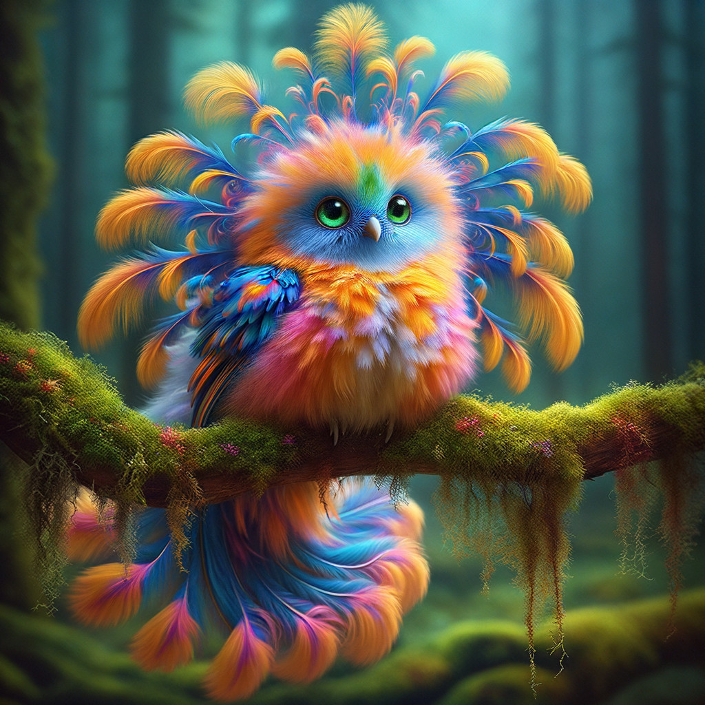 Vibrant Bird on Mossy Branch in Enchanted Forest