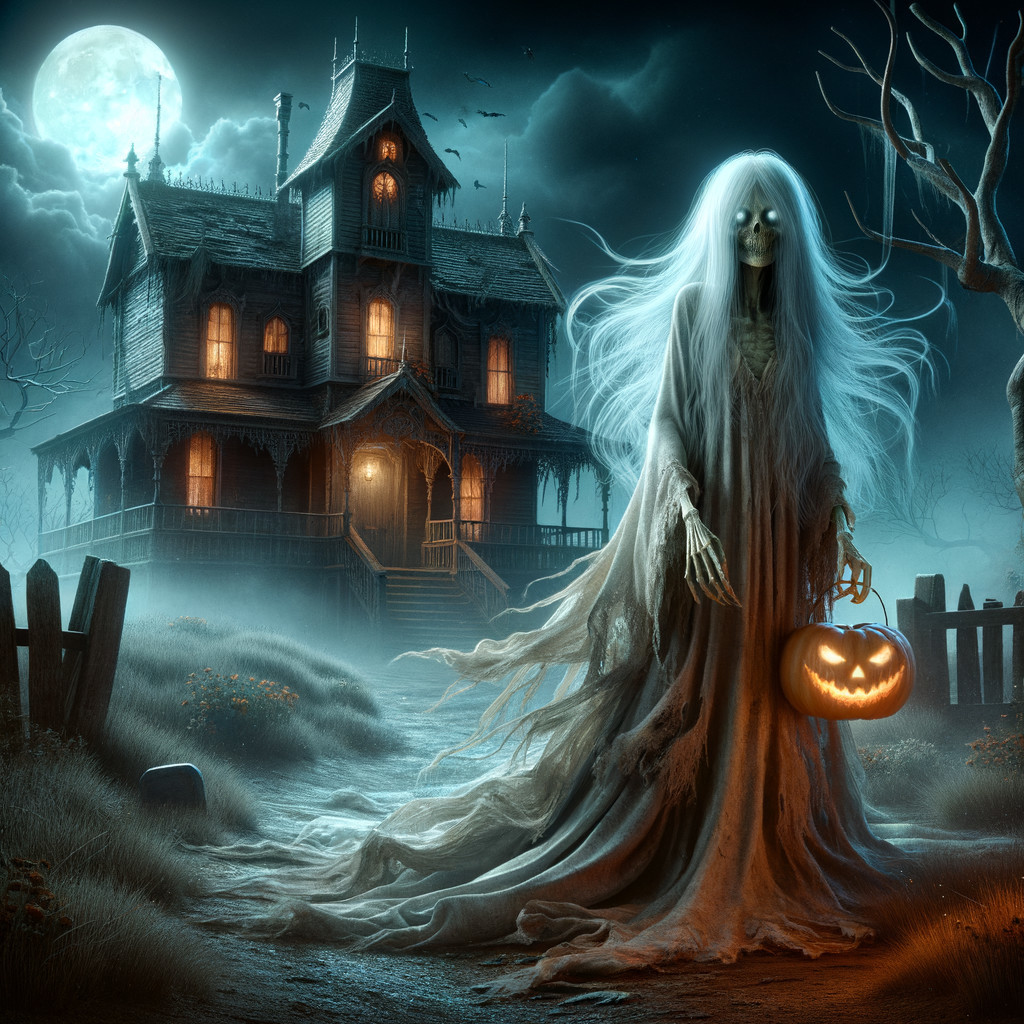 Misty Moonlit Scene with Gothic House and Ghostly Figure