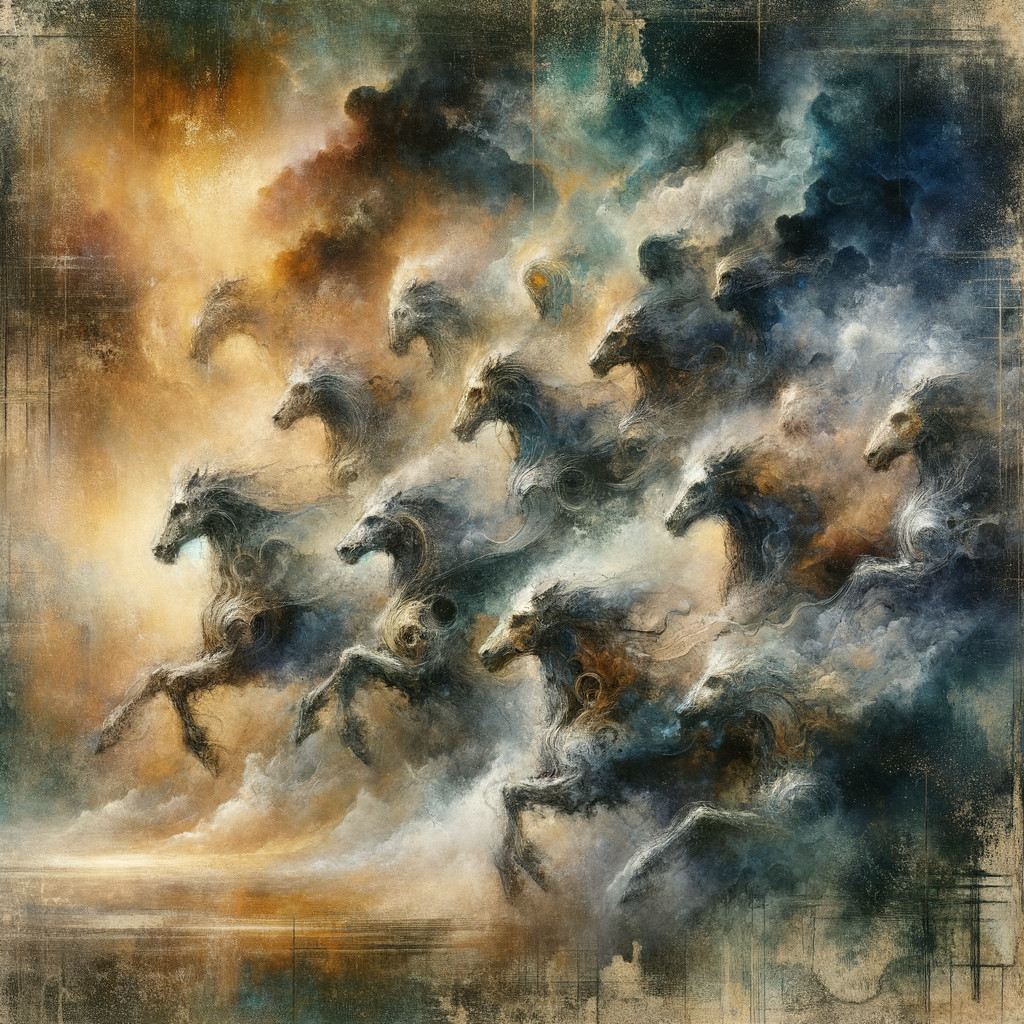 Galloping Horses in Colorful Cloudy Atmosphere