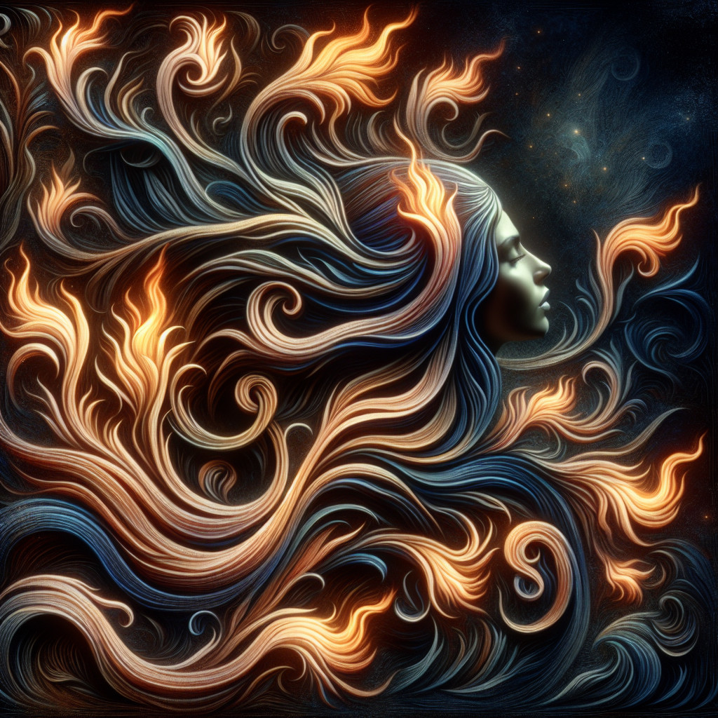 Ethereal Female Figure with Flame-Like Hair in Space