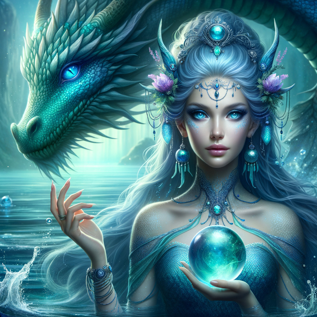 Mystical Scene with Woman, Dragon, and Luminescent Water