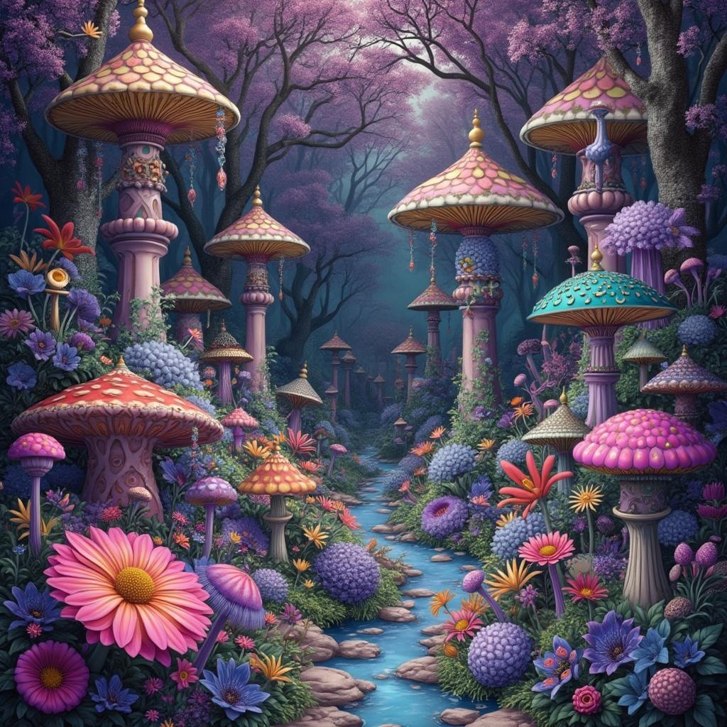 Whimsical Enchanted Forest with Colorful Mushrooms