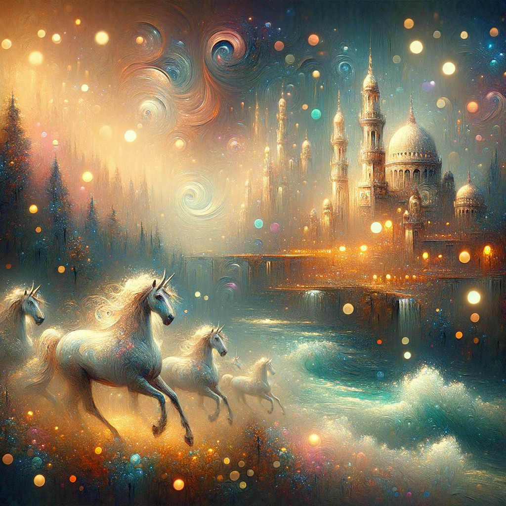 Ethereal Unicorns in a Dreamlike Landscape with Palace
