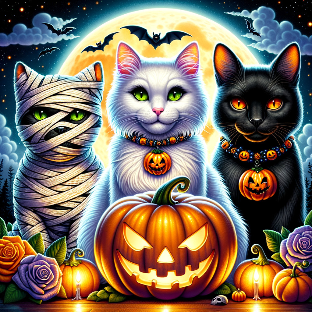 Whimsical Halloween Scene with Festive Cats and Pumpkin