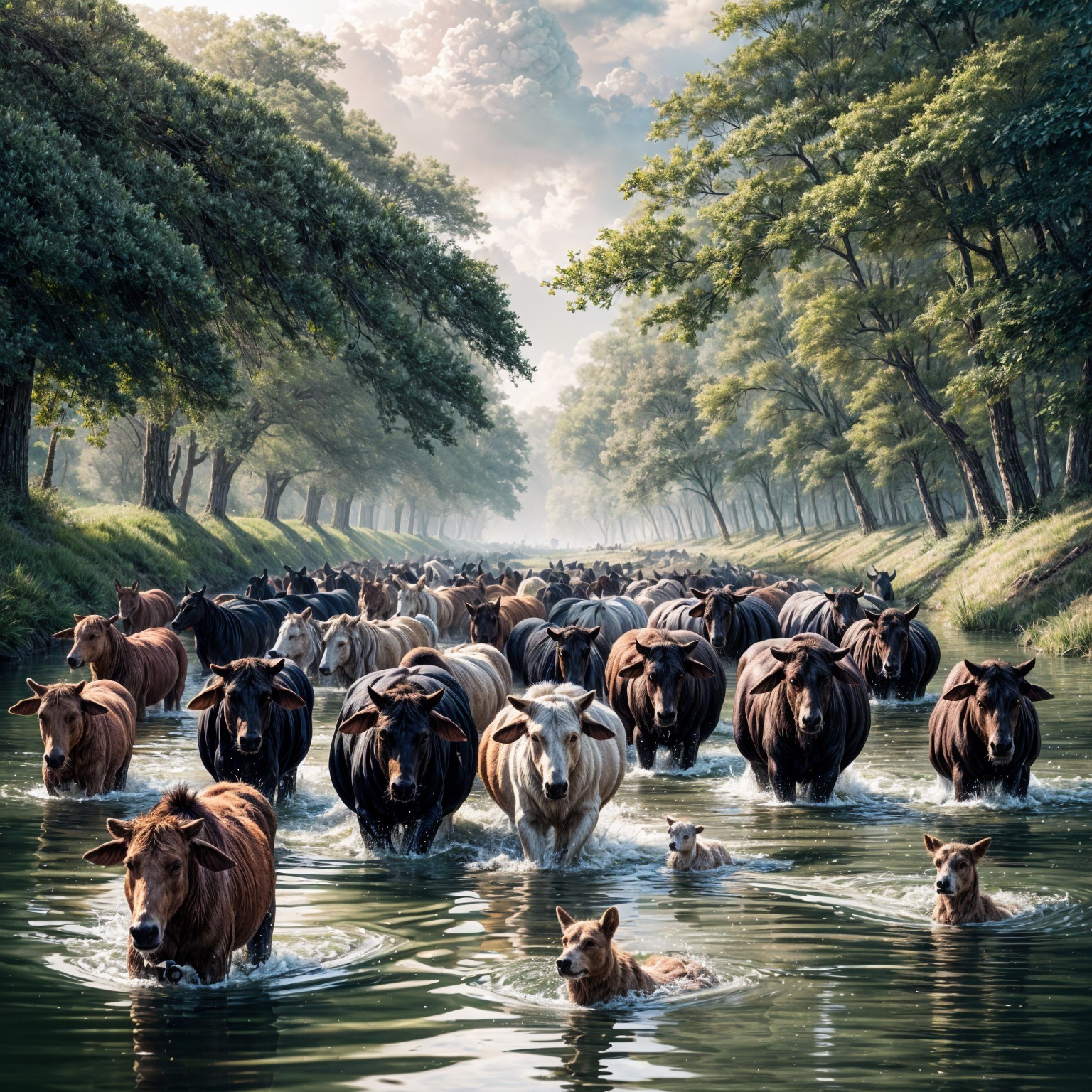 Cattle Herd Wading Through a Shimmering River