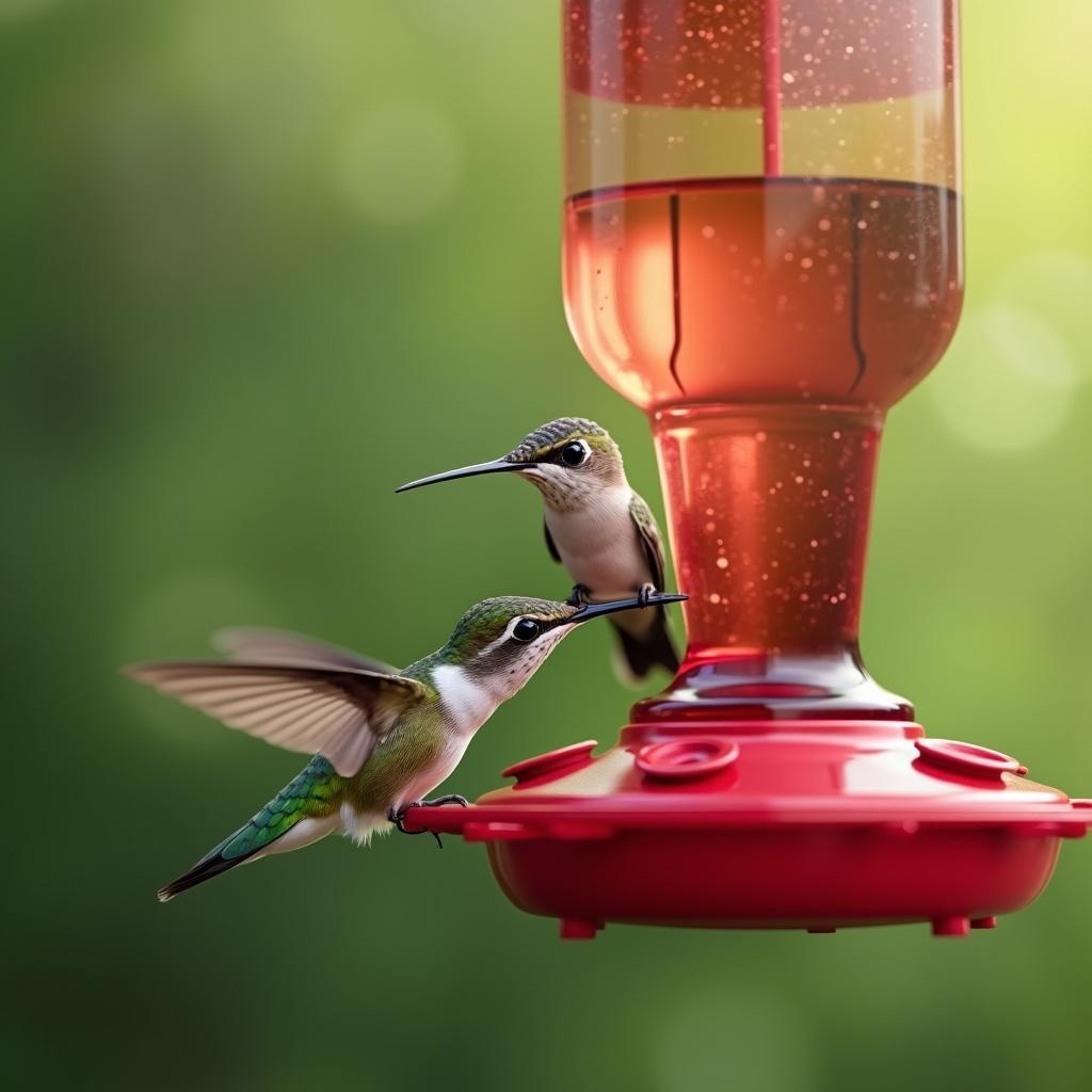 Hummingbirds at a vibrant red nectar feeder