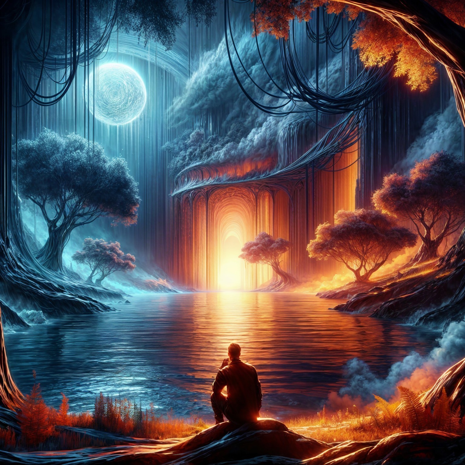 Surreal Landscape with Ethereal Structures and Lake