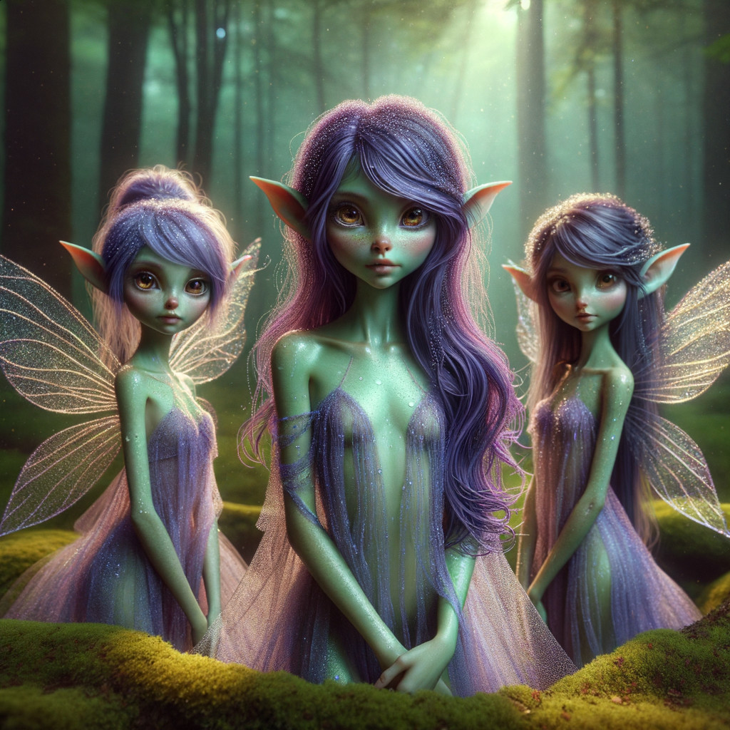 Delicate Fairies Among Lush Greenery in a Forest