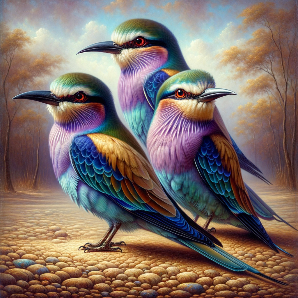 Vibrant Birds on Textured Ground with Dreamy Background