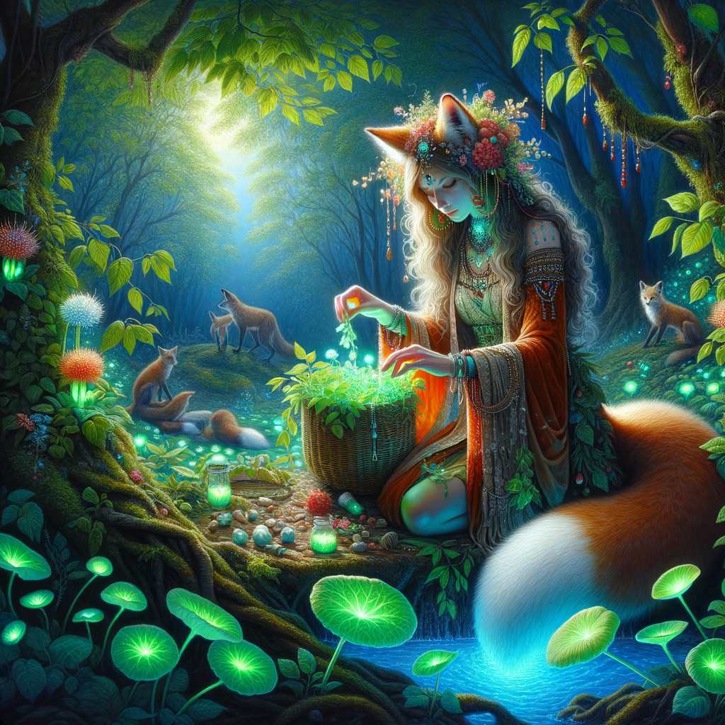 Mystical forest scene with fox-like woman tending plants