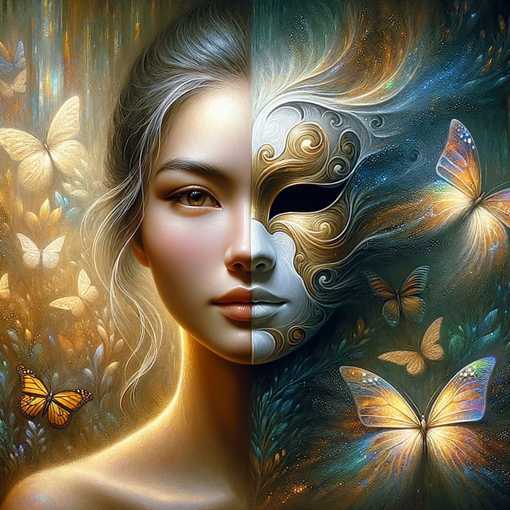 Young Woman and Ornate Mask Representing Duality