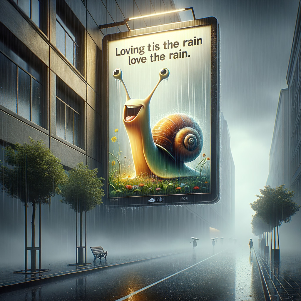 Giant Billboard with Cartoon Snail in Misty Urban Scene
