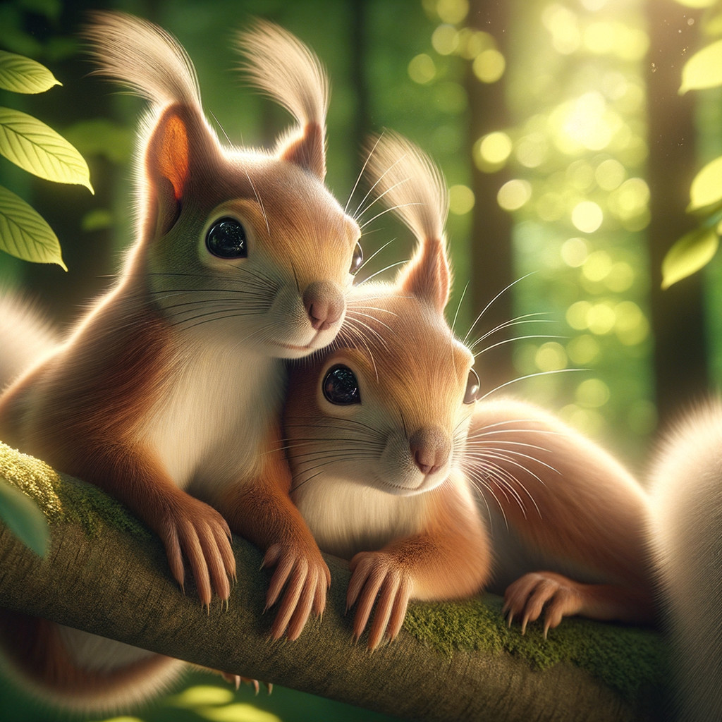 Cartoon Squirrels on a Mossy Branch in Sunlight