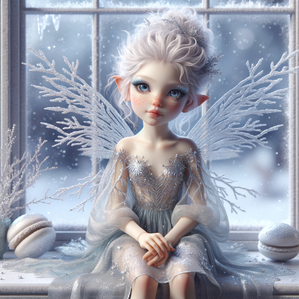 Fairy Girl by Frosted Window with Silver Wings