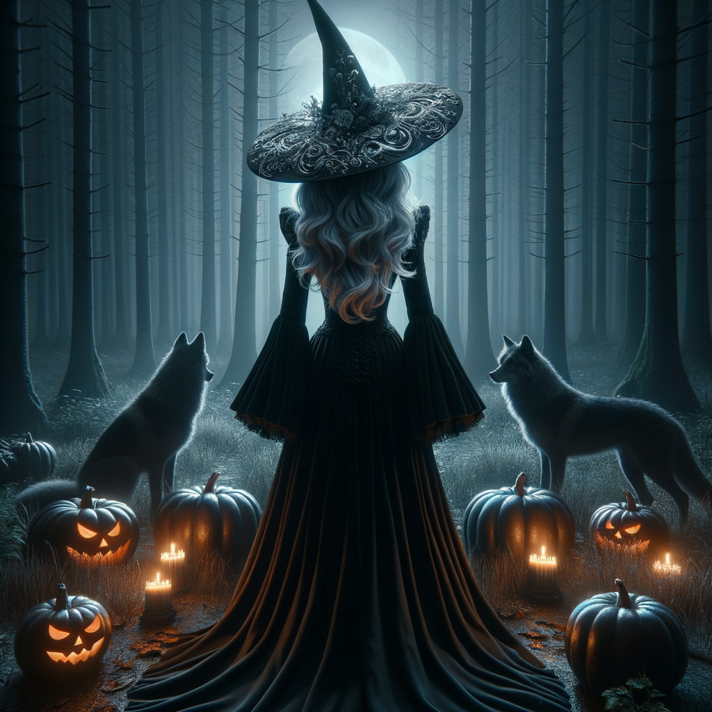 Mystical Forest Scene with Sorceress and Wolves