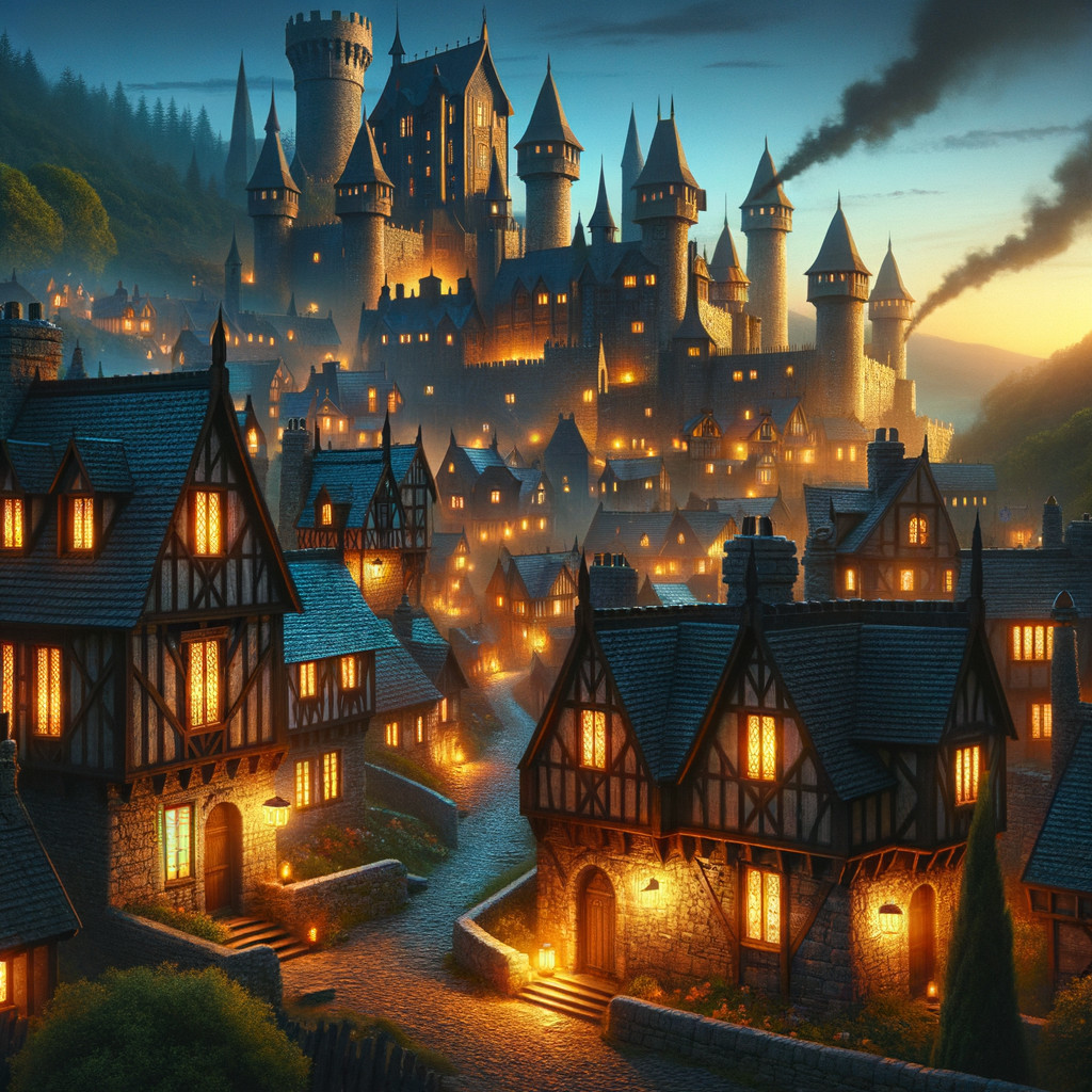Medieval Village with Castle and Warm Cottage Lights