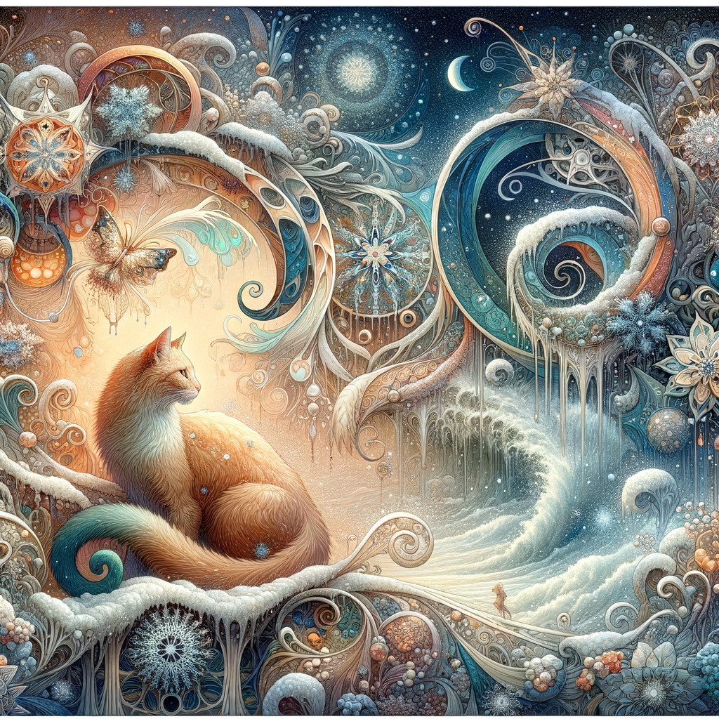 Whimsical Scene of a Cat on a Snowy Ledge