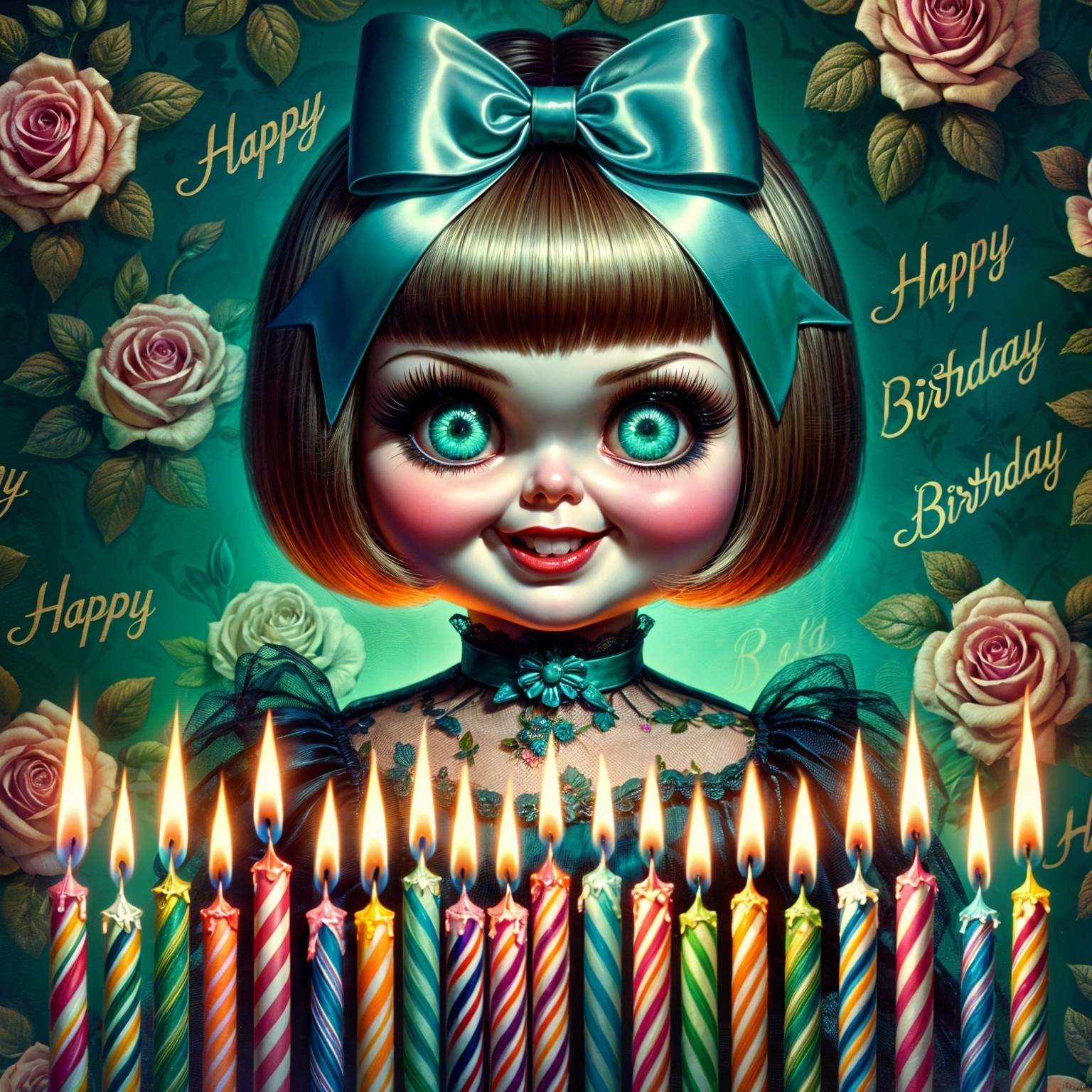 Whimsical Doll Surrounded by Birthday Candles and Roses