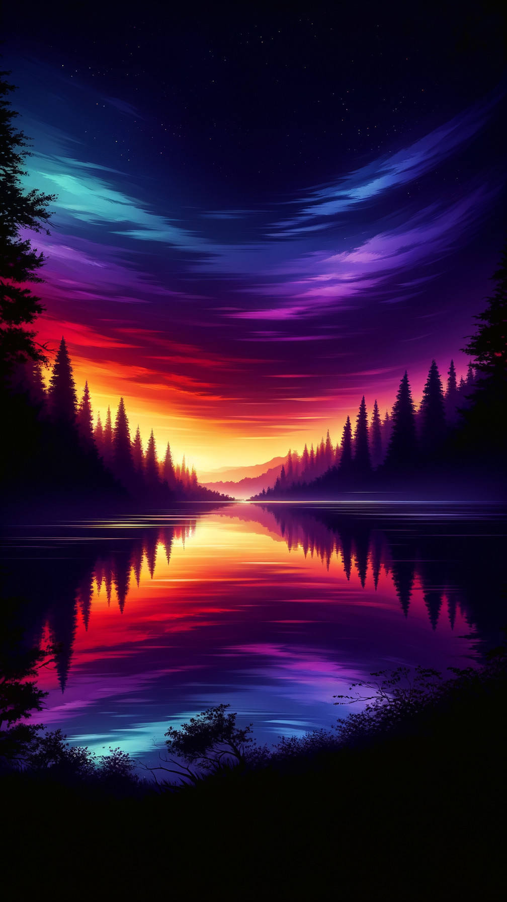 Vibrant Sunset Over Calm Lake and Evergreen Trees