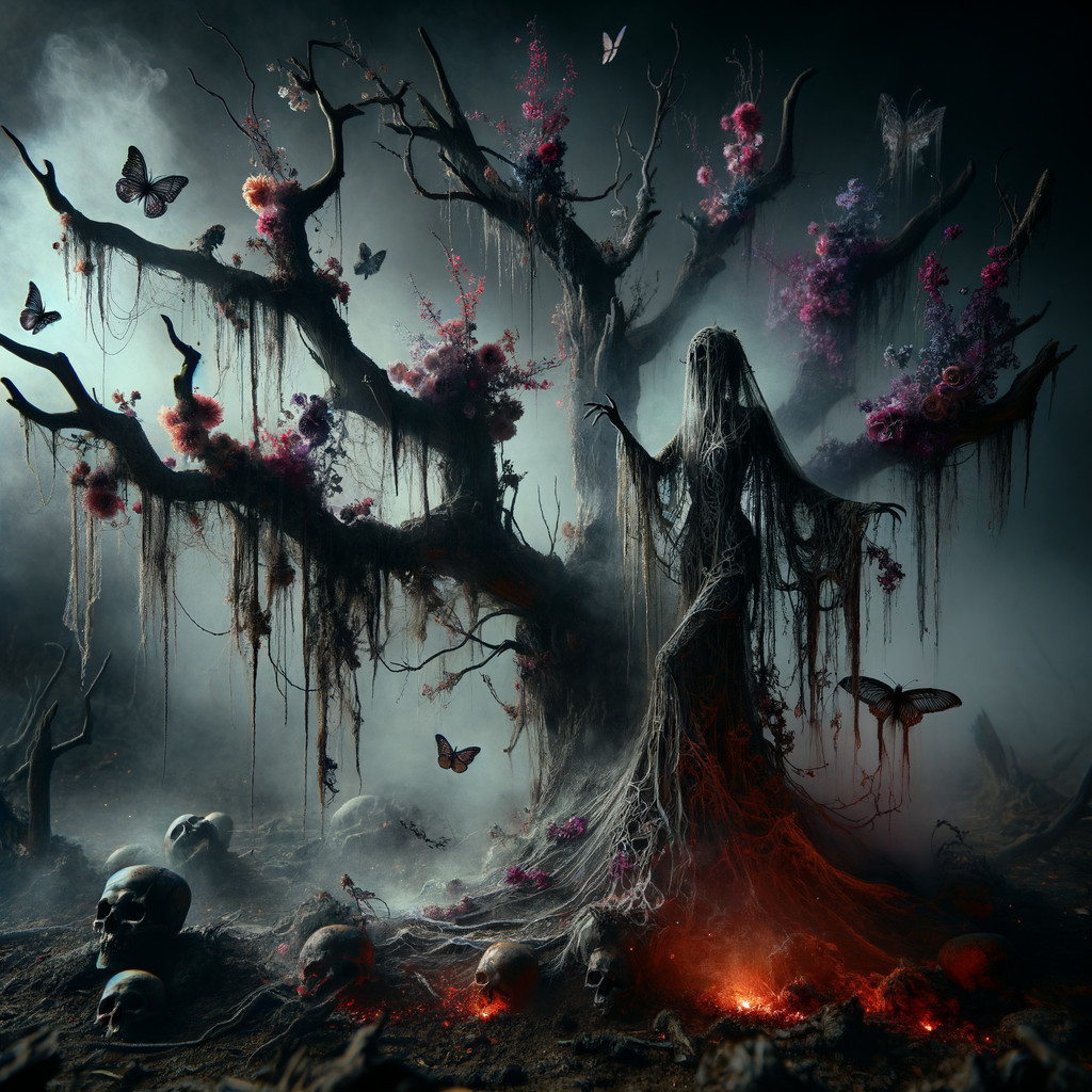 Haunting Scene with Ancient Tree and Ghostly Figure