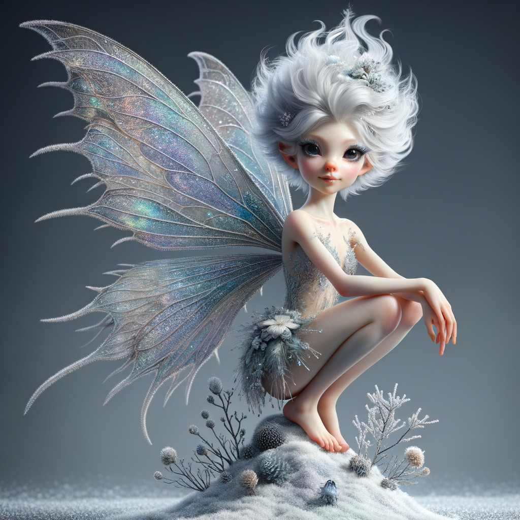 Whimsical Fairy on Snowy Mound with Iridescent Wings
