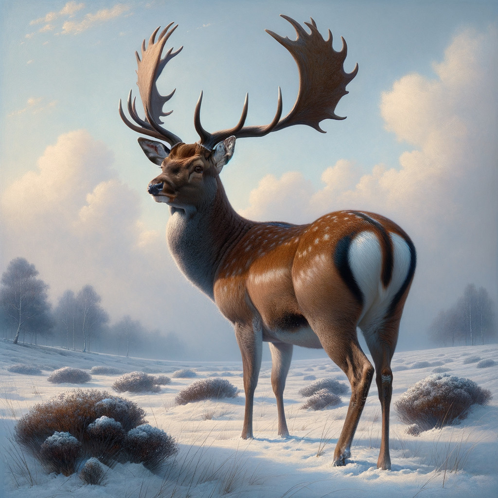 Detailed Oil Painting of Male White-Lipped Deer in Snow