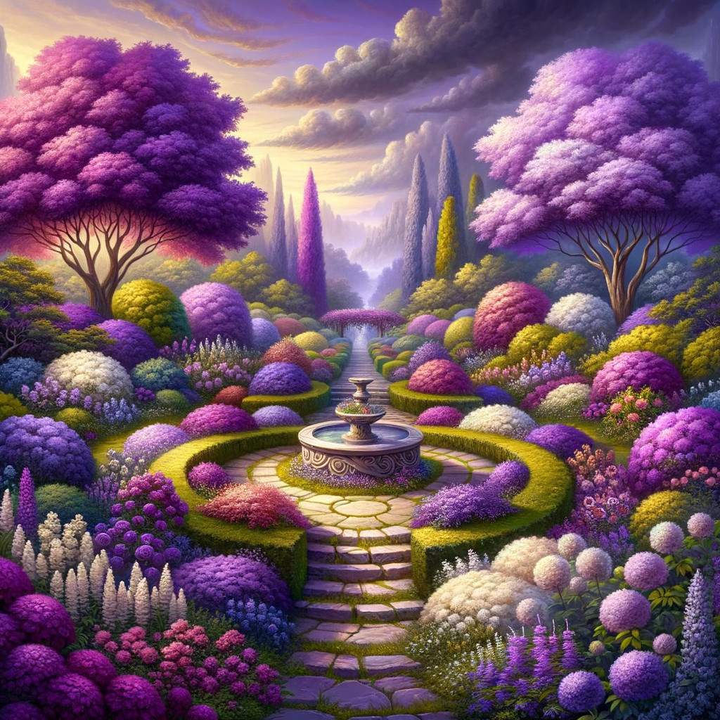 Vibrant garden scene with purple foliage and fountain