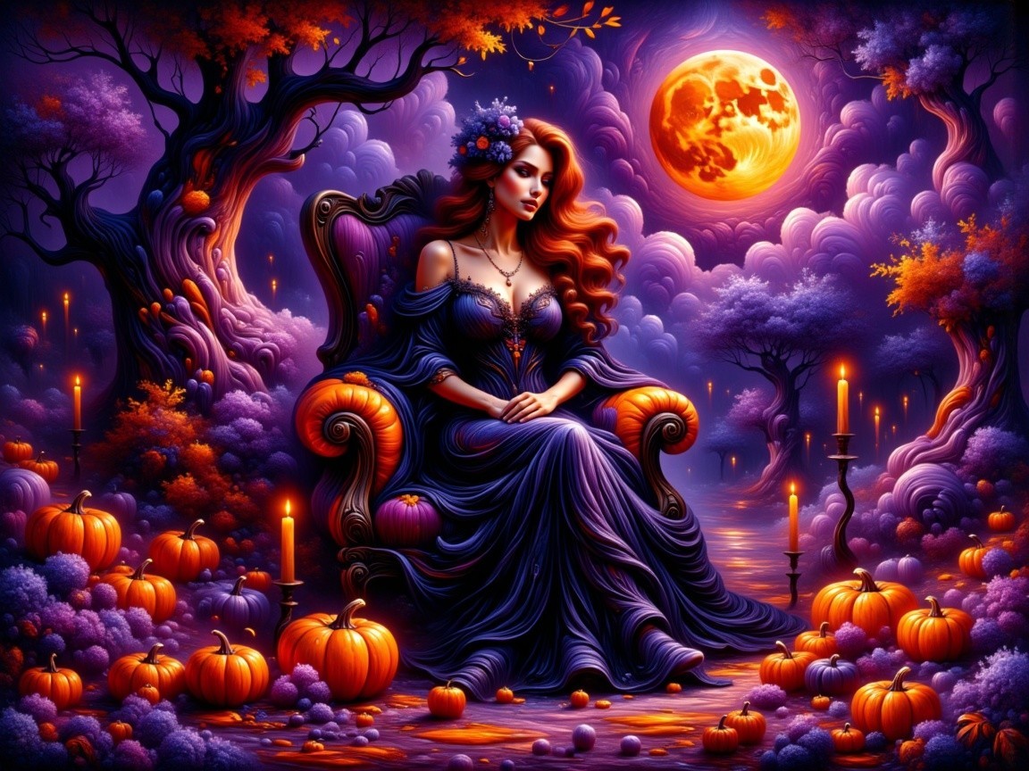 Mystical Full Moon Scene with Woman in Purple Gown