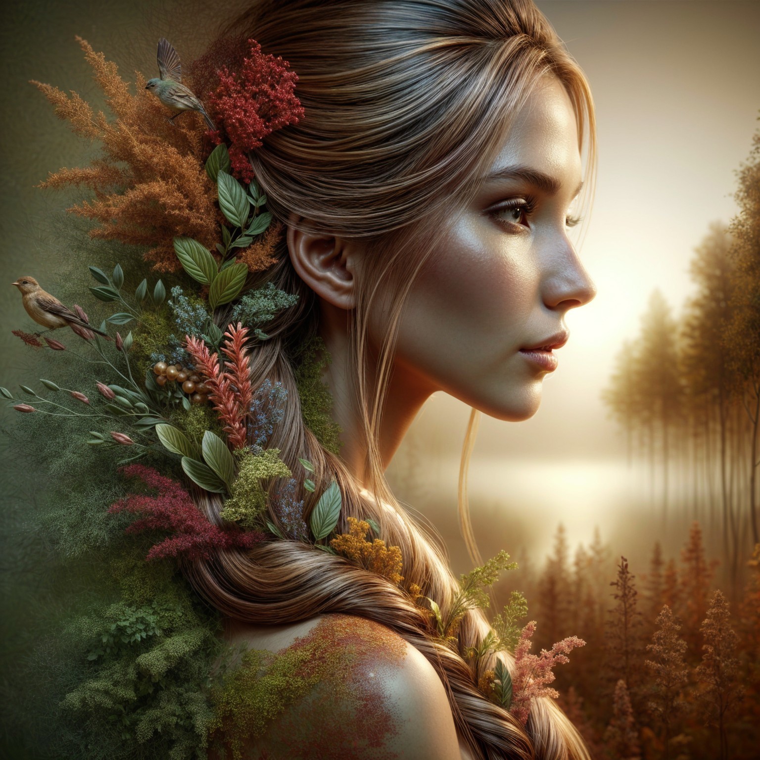 Profile of a Young Woman with Floral Hair Adornments