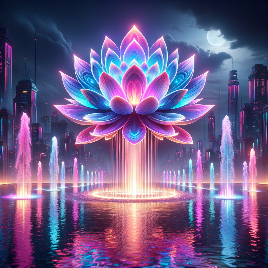 Futuristic Lotus Flower Sculpture in Urban Nightscape