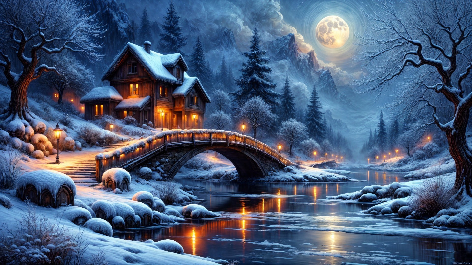 Cozy Snow-Covered House by a Shimmering River