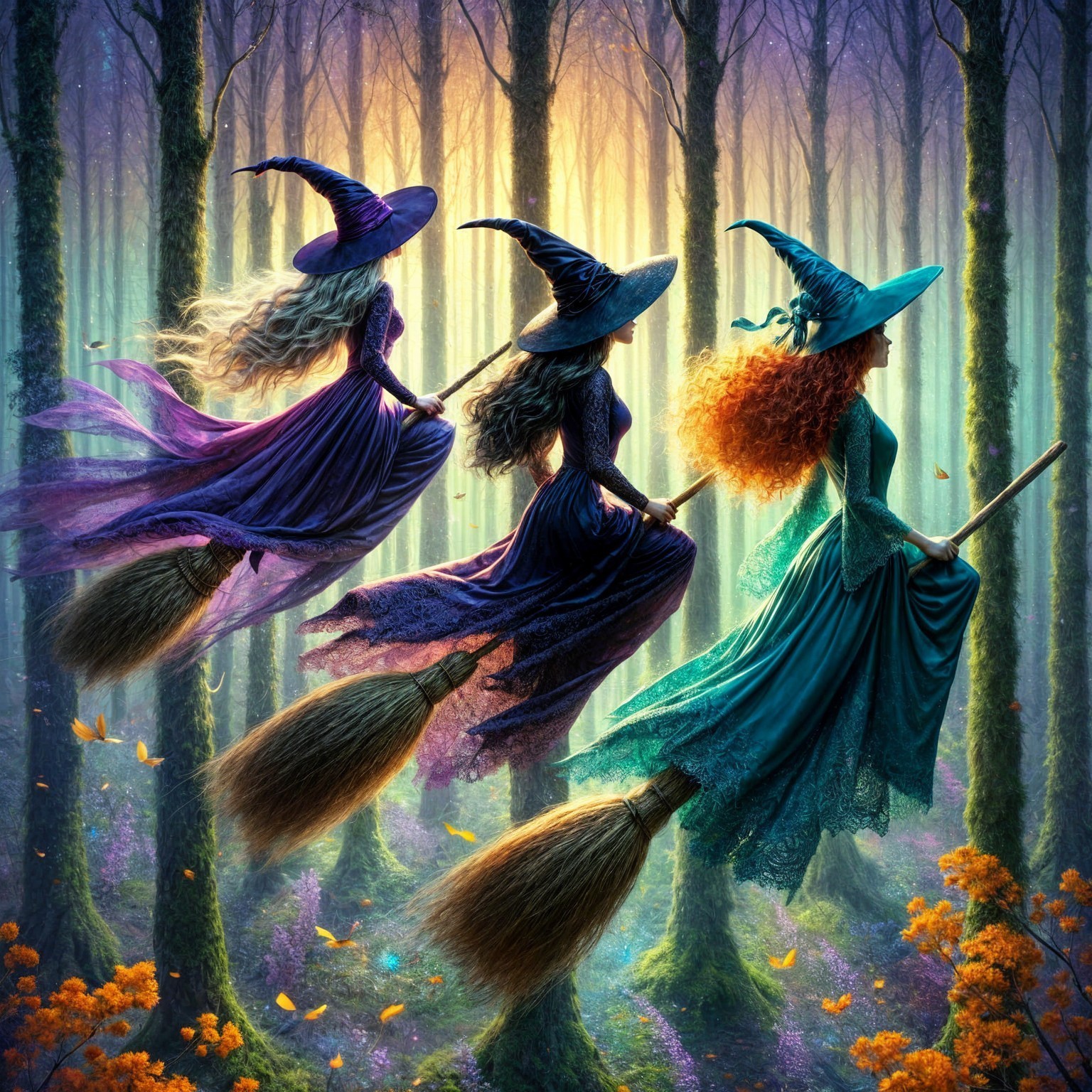 Witches Flying in a Mystical Forest with Broomsticks
