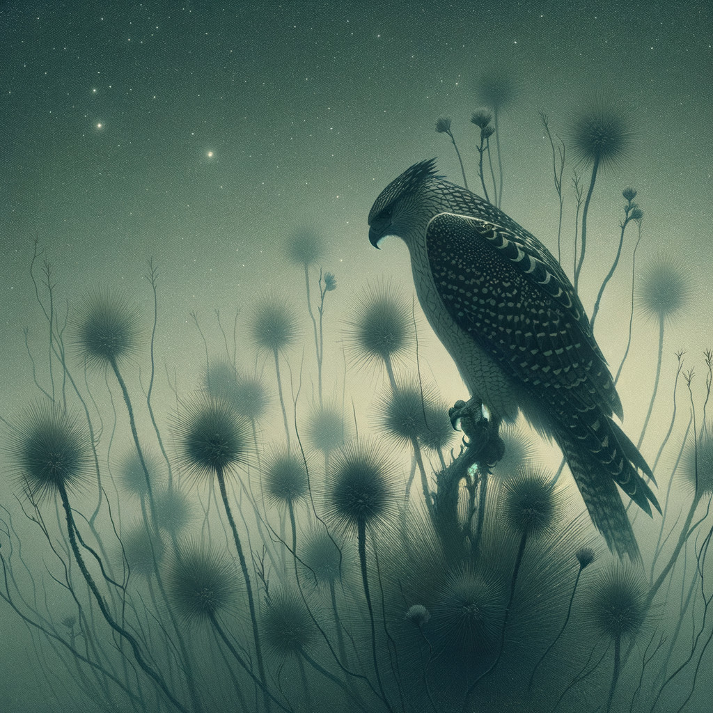 Hawk on Thistles Under Starry Night Sky